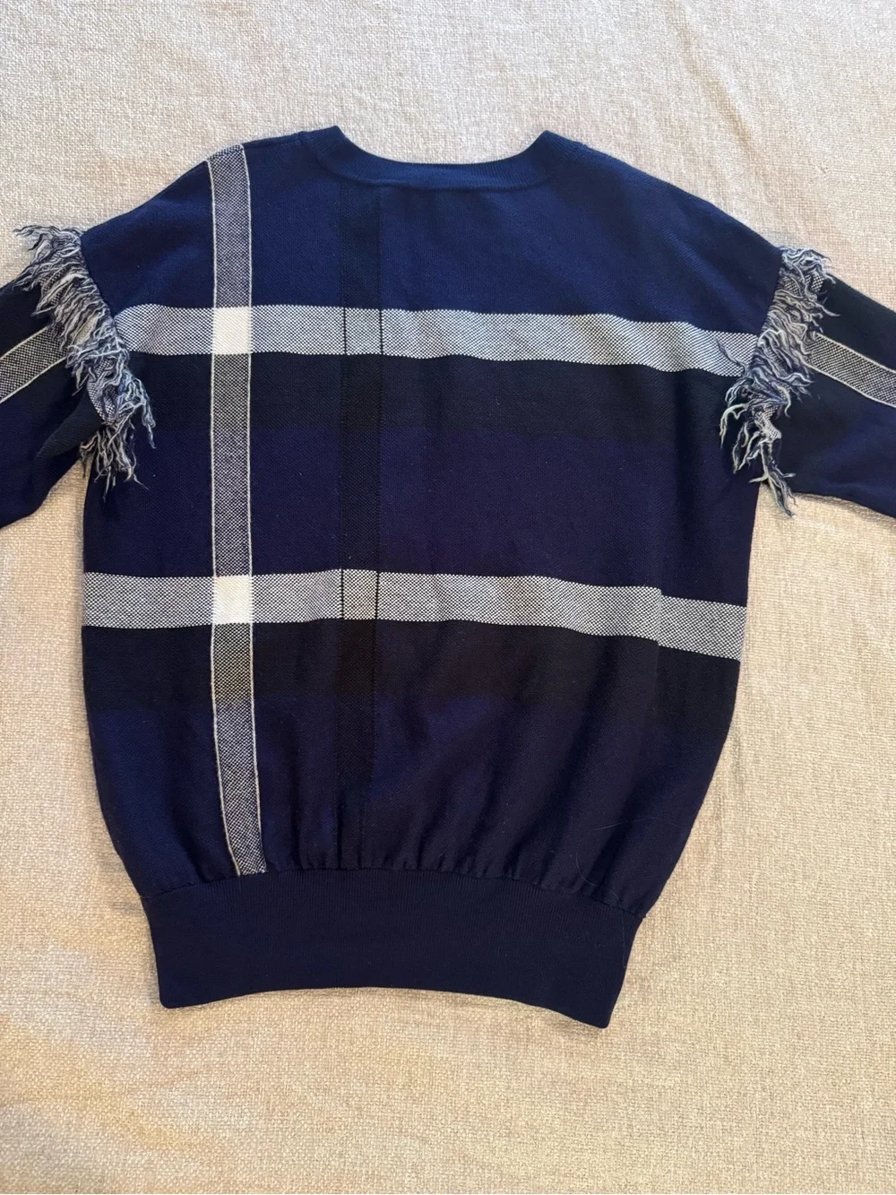 Tory Burch Gwen Wool Navy Plaid Fringe Sweater Medium